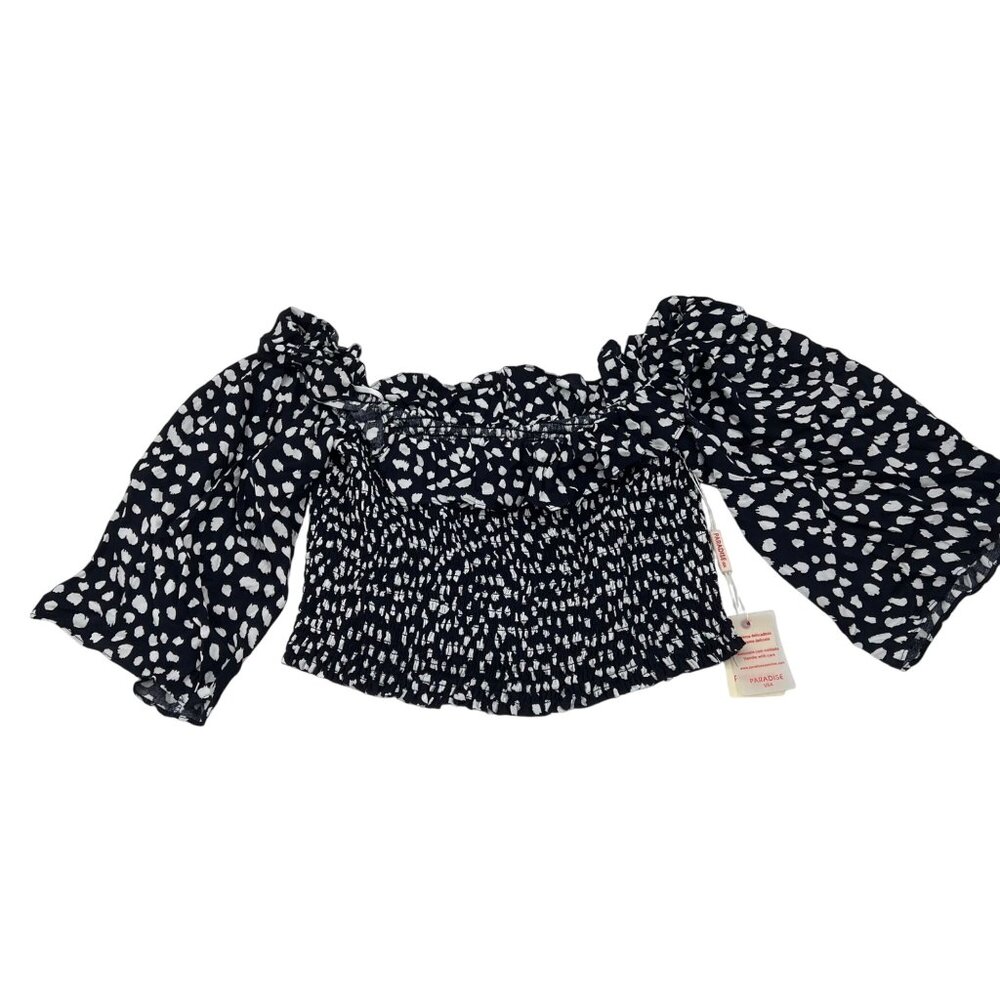 Paradise USA Women's Navy/White Smocked Off-Shoulder Top cropped Size‎ L